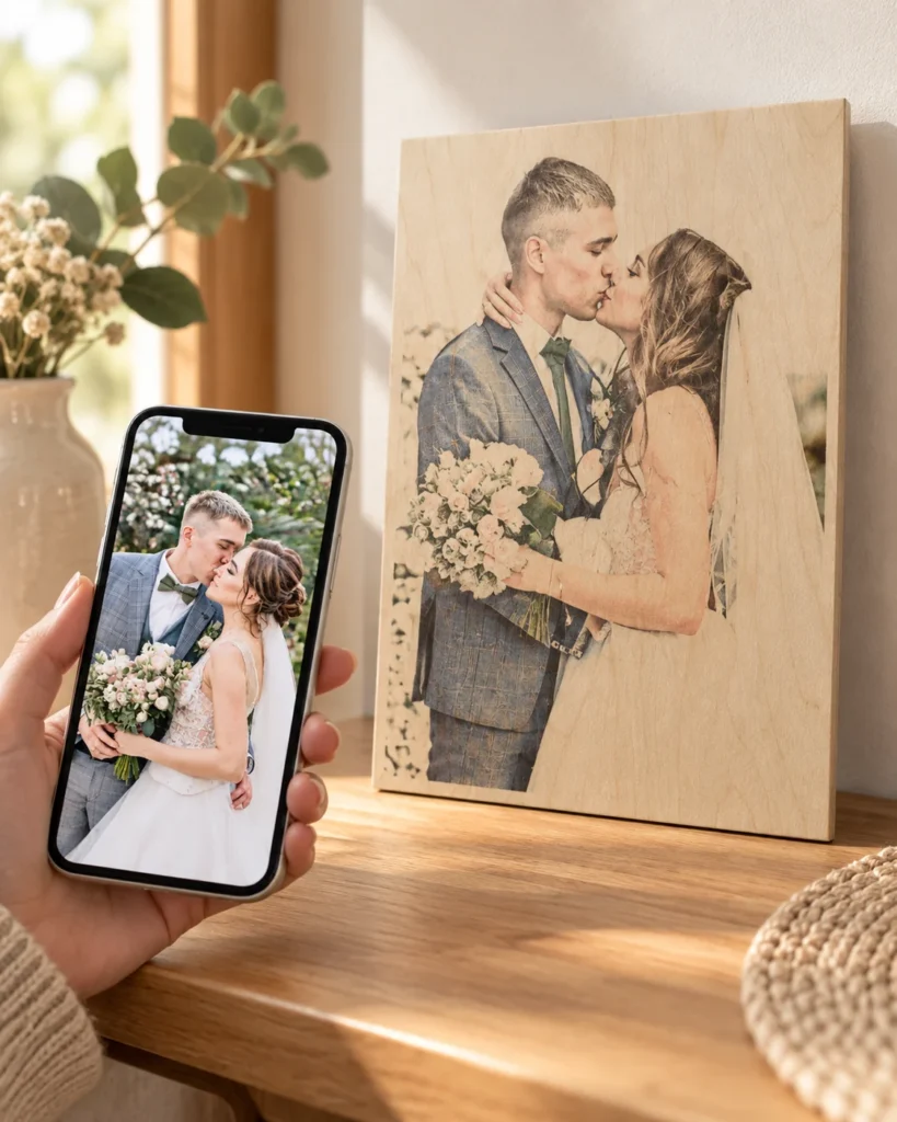 Telefon ze zdjęciem pary obok gotowego portretu ślubnego na drewnie